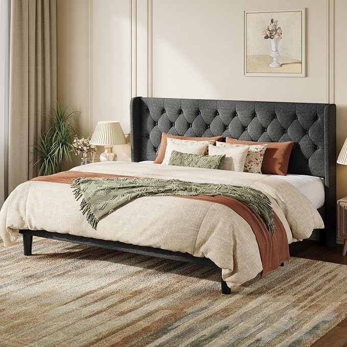 SHA CERLIN King Size Upholstered Platform Bed Frame and Wingback Headboard, Tufted Linen Fabric, Wooden Slats Support, Easy Assembly, No Box Spring Needed, Dark Grey