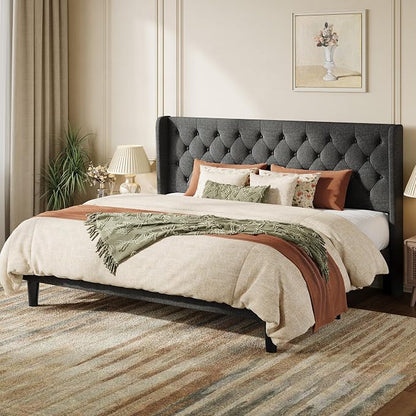 SHA CERLIN King Size Upholstered Platform Bed Frame and Wingback Headboard, Tufted Linen Fabric, Wooden Slats Support, Easy Assembly, No Box Spring Needed, Dark Grey