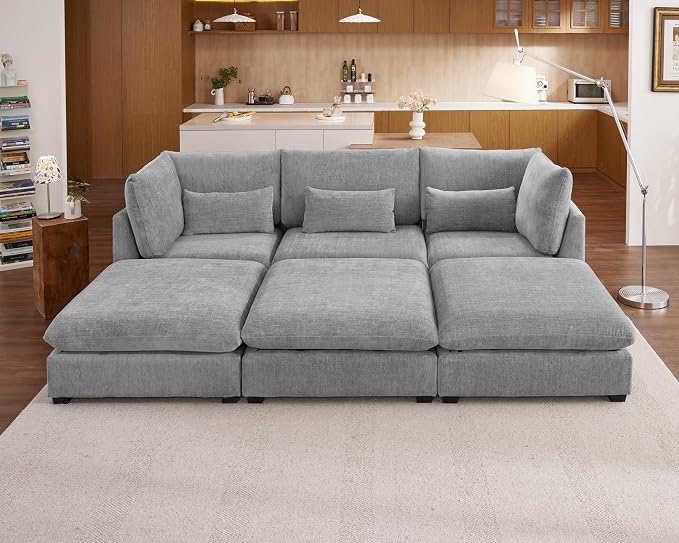 115" Oversized Chenille Couch Modular Sectional Sofa, Washable Cloud Couch Sectional with 3 Ottoman, 6 Seater Sectional Couches for Living Room, Fully Cover Removable, Sleeper Sofa, Chenille, Grey