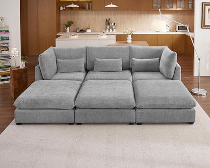 115" Oversized Chenille Couch Modular Sectional Sofa, Washable Cloud Couch Sectional with 3 Ottoman, 6 Seater Sectional Couches for Living Room, Fully Cover Removable, Sleeper Sofa, Chenille, Grey