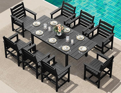 SERWALL HDPE and Aluminum Outdoor Dining Set for 8, Black | 60" - 83" Expandable Outdoor Dining Table and 8 HDPE Chairs, All Weather Outdoor Furniture Set