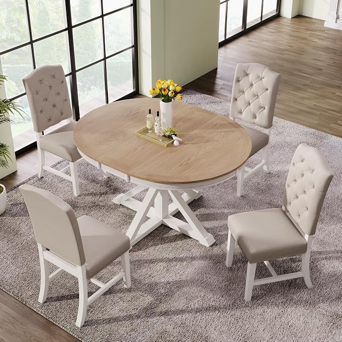 LUMISOL 42"-54" Extendable Round Dining Table for 4-6, Farmhouse Round to Oval Kitchen Table with 12" Removable Leaf and Pedestal Base for Dining Room, Living Room, Oak Natural Wood+Off White