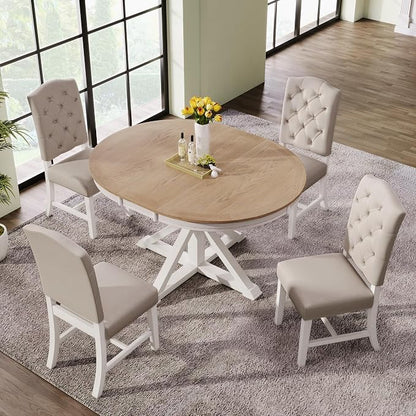 LUMISOL 42"-54" Extendable Round Dining Table for 4-6, Farmhouse Round to Oval Kitchen Table with 12" Removable Leaf and Pedestal Base for Dining Room, Living Room, Oak Natural Wood+Off White