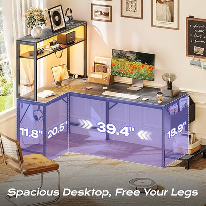 PRAISUN L Shaped Gaming Desk with LED Lights & Power Outlets, Reversible Computer Desk with Storage Shelves & Bag, Large Corner Home Office Desk with Pegboard for Work from Home, Grey