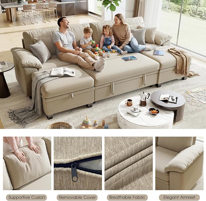 107.8" Modular Sectional Sleeper Sofa Bed, U Shaped 6 Seat Pull Out Couch with Storage Ottoman, Convertible Cloud Couch Bed, Sectional Couches for Living Room, Apartment (Sand)