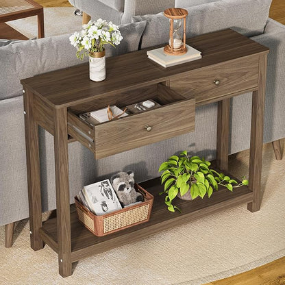 Gizoon Console Table with 2 Drawers, 2-Tier Wood Entryway Table with Storage Shelves, 39" W Wood Accent Sofa Table for Front Hall, Hallway, Living Room, Dark Brown
