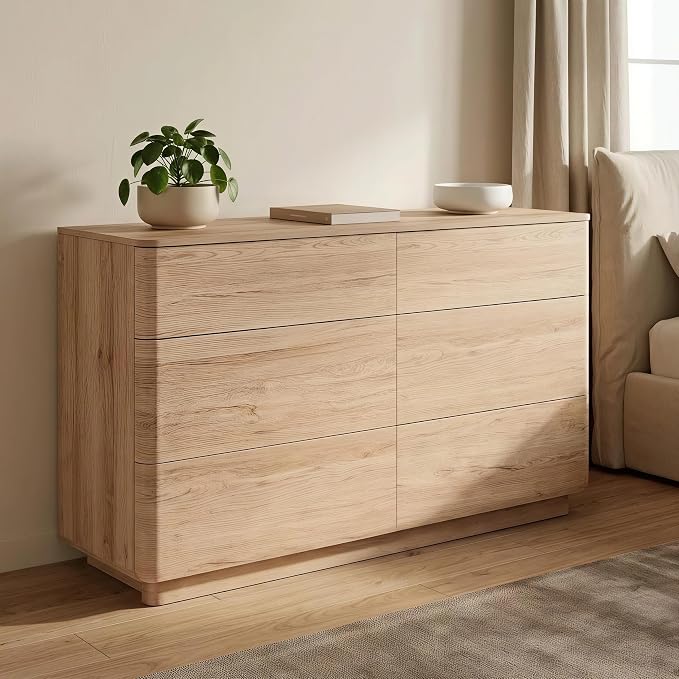 JXQTLINGMU 6 Drawer Dresser for Bedroom, 52" Wide Modern Wood Dressers with Push-to-Open Drawers for Closet Storage, Chest of Drawers TV Stand for Living Room & Hallway, Curved Profile, Natural Oak