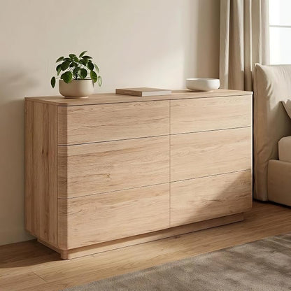 JXQTLINGMU 6 Drawer Dresser for Bedroom, 52" Wide Modern Wood Dressers with Push-to-Open Drawers for Closet Storage, Chest of Drawers TV Stand for Living Room & Hallway, Curved Profile, Natural Oak