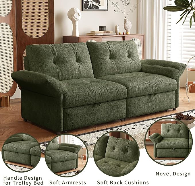 81.5'' Full Sleeper Sofa, Pre-Assembled, Chenille Pull Out Couches Bed, 3-in-1 Convertible Sofa, Adjustable Backrest, Small Loveseat for Small Space, Living Room, Apartment, Chenille Green