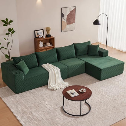Mangodan 140” Cloud Sectional Couch, Boneless Sofa for Living Room, Modular Sectional Sofa with Deep Seat, Comfy Fluffy L-Shaped Couch with Right-Facing Chaise, No Assembly Required, Green