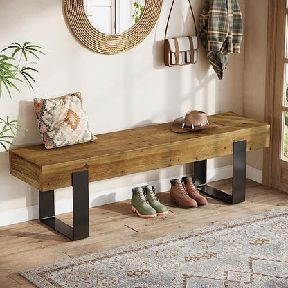 Solid Wooden Entryway Bench, 63" Farmhouse Indoor Shoe Bench with Metal Legs, Industrial Long End of Bed Stool with Seating for Entry, Hallway, Porch, Living Room, Mudroom, Easy Assembly