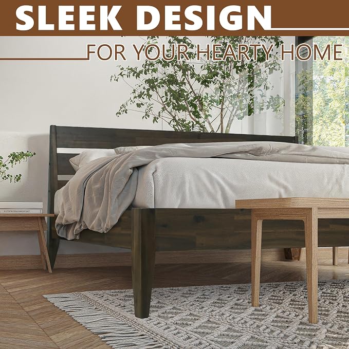 Acacia Emery Bed Frame with Headboard Solid Wood Platform Bed, King Size Bed Frame, Mid - Century Modern Wood Bed Compatible with All Mattresses, Easy Assembly, Non-Slip (Mocha, King)