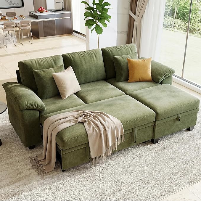 86" Modular Sectional Sleeper Sofa Bed, L Shaped 4 Seat Pull Out Couch with Storage Ottoman, Convertible Cloud Couch Bed, Sectional Couches for Living Room, Apartment (Green)
