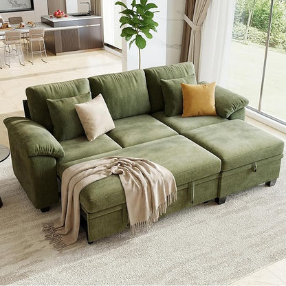 86" Modular Sectional Sleeper Sofa Bed, L Shaped 4 Seat Pull Out Couch with Storage Ottoman, Convertible Cloud Couch Bed, Sectional Couches for Living Room, Apartment (Green)