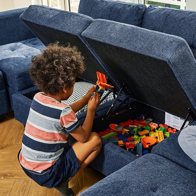 Belffin Modular Storage U-Shape Sectional Sofa Couch with Reversible Chaises 7-seat Sofa with Storage Seat Modular Sectional Sofa Set with Ottomans Modern Fabric Blue