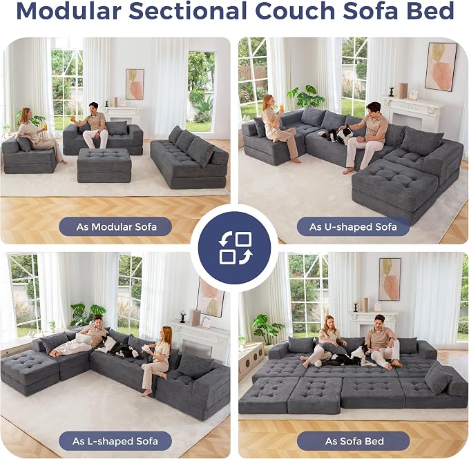 MAXYOYO Modular Sectional Sofa Couch, Foldable U Shaped Cloud Couch with Pillows, Tufted 7-Seat Boneless Lounger Floor Sofa Bed for Living Room, No Assembly Required, Dark Grey