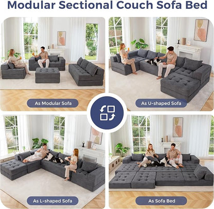 MAXYOYO Modular Sectional Sofa Couch, Foldable U Shaped Cloud Couch with Pillows, Tufted 7-Seat Boneless Lounger Floor Sofa Bed for Living Room, No Assembly Required, Dark Grey