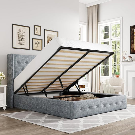 Allewie Queen Size Lift Up Storage Bed, Button Tufted Headboard with Wingback, Hydraulic Support, No Box Spring Needed, Grey Blue