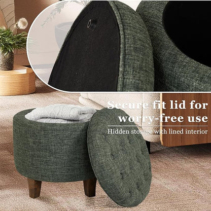 HomePop 19" Button Tufted Round Storage Ottoman - Green Clover Fabric
