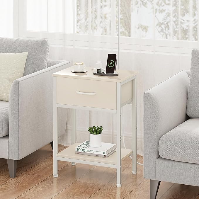 Vagusicc Nightstand Set of 2 with Charging Station, Bed Side Table with Fabric Drawer, Small End Table with 2-Tier Storage Shelves, 25.4" Tall Night Stand Bedside Table for Bedroom Living Room, Beige