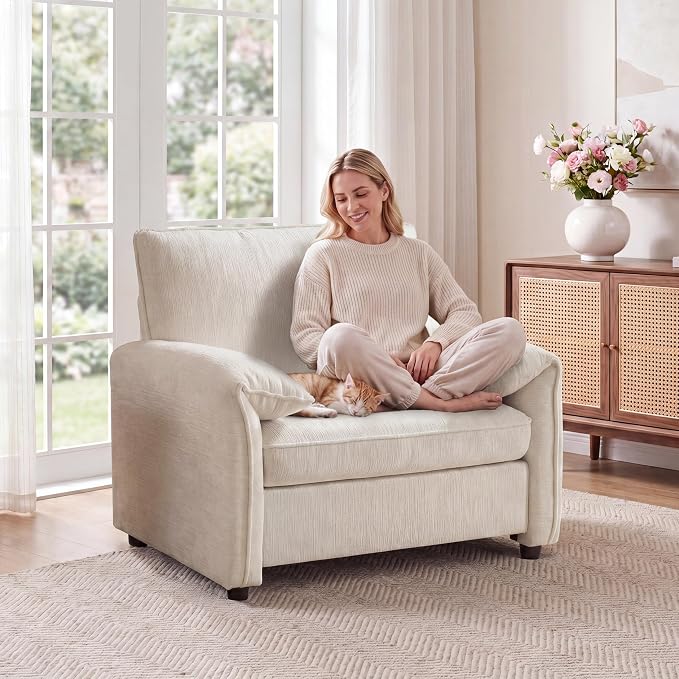 Oversized Accent Chair, 41 inch Modern Armchair for Living Room, Wide Reading Chair w/Deep Seat Springs Cushion, Padded Arms, Chenille Single Sofa Chair for Bedroom, Apartment, Beige