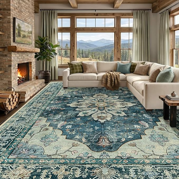RELEANY Area Rugs Large 10'x14' Washable Non-Slip, Floral Vintage Distress Medallion Carpet for Living Room Bedroom Dining Room, Dark Blue Vintage