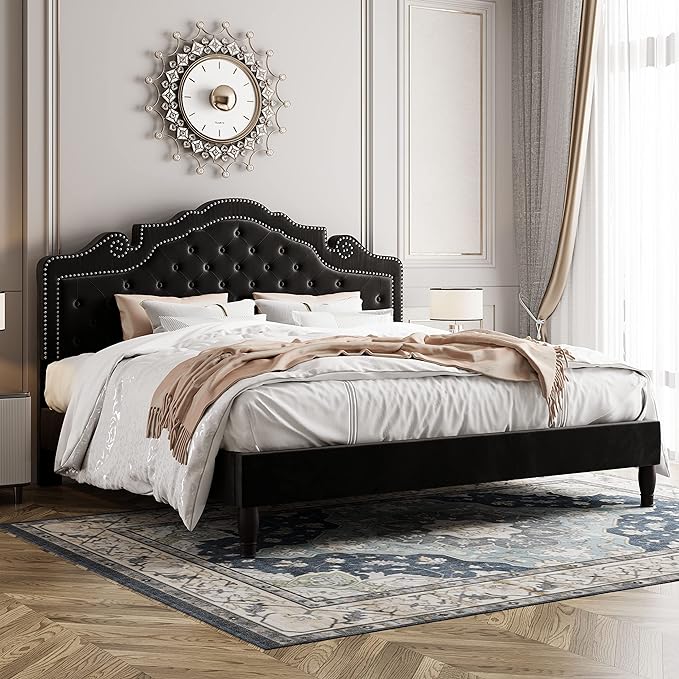 Allewie King Bed Frame with Adjustable Velvet Tiara Headboard, Upholstered Diamond Button Tufted Platform Bed, Wood Slats Support, No Box Spring Needed, Mattress Foundation, Easy Assembly, Black