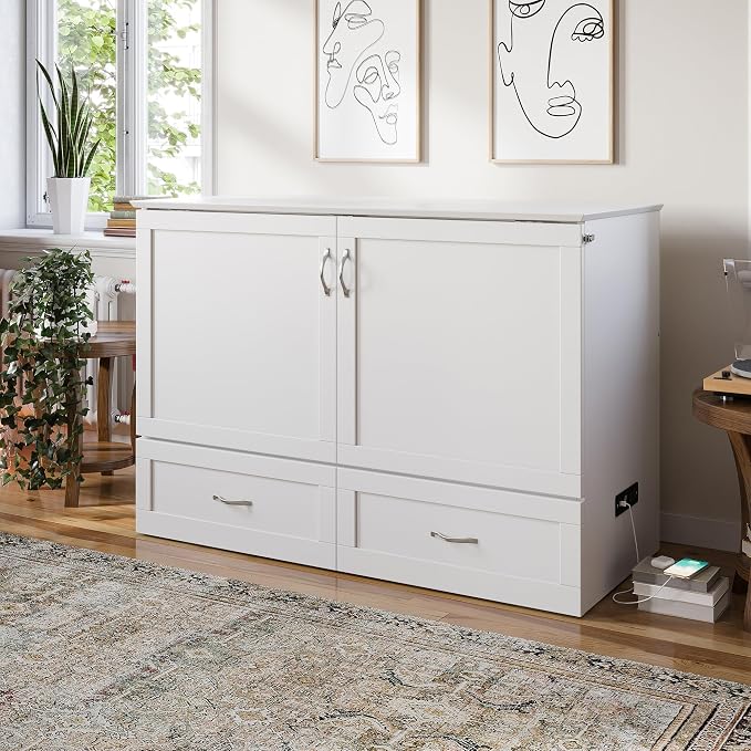 AFI Hamilton Full Murphy Bed Chest with Mattress, Storage, and Built-in Charger in White