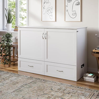 AFI Hamilton Full Murphy Bed Chest with Mattress, Storage, and Built-in Charger in White