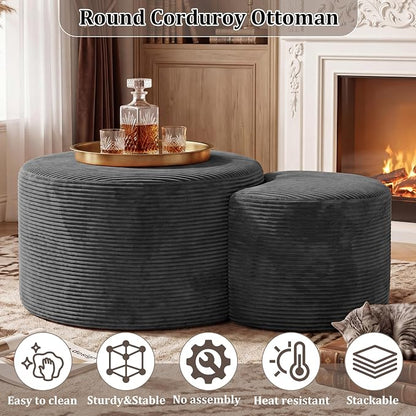 BSHOMGI Boneless Ottoman Nesting Coffee Table Set of 2,Corduroy Soft Foot Rest Movable LargePouf Footstool for Living Room Sofa Couch Bedroom Entryway and Small Spaces No Assembly (Dark Gray)