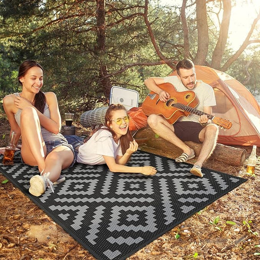 GENIMO Outdoor Rugs 3'x5' Waterproof, Reversible Mats, Outdoor Area Rug, Plastic Outside Carpet, Eeometric Rv Mat for Patio Camping Rv Picnic Backyard Deck Balcony Porch Beach Trailer (Black & Grey)