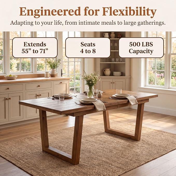 chairus 55"-71" Extendable Reclaimed Wood Dining Table with Butterfly Leaf | Hidden Butterfly Leaf Extends from 55" to 71", Reclaimed Pine Table, Seats 4-8, Sturdy U-shaped Wood Legs, Farmhouse Style