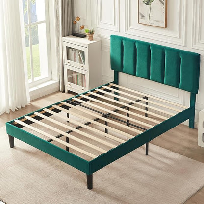 VECELO Full Size Bed Frame with Upholstered Headboard, Heavy-Duty Bedframe with Wooden Slats & Steel Framework, Easy Assembly, Dark Green