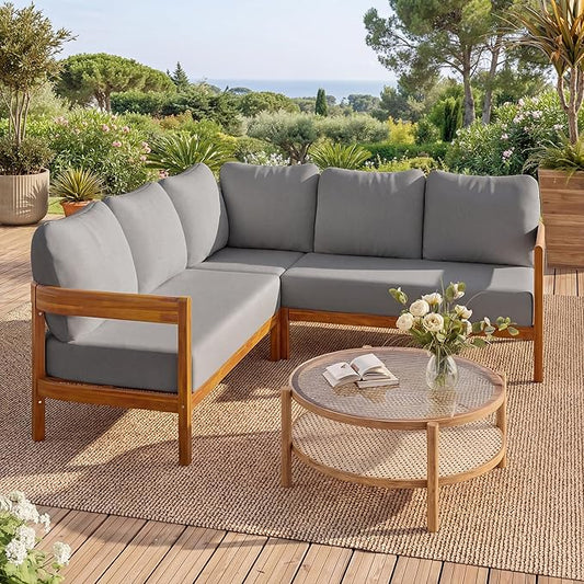 VilroCaz Outdoor Patio Furniture Set, L-Shaped Acacia Wood Sectional Sofa with 6 Soft Seat Cushions and Backpack, All-Weather Conversation Set with Arc Frame for Garden Backyard Porch (Grey-3.19)