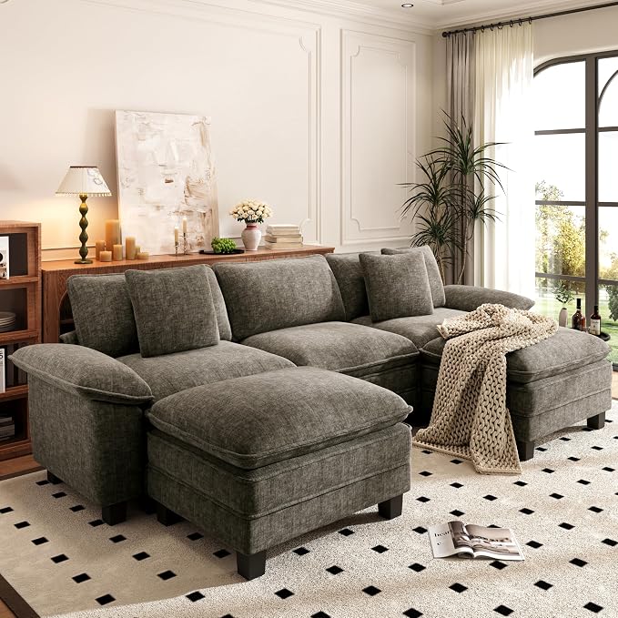 PHI VILLA Cloud Modular Couch Sets, 123.6" Oversized Sectional Sofa with U-Shaped Chaise, 5-Seater Couches with 2 Movable Ottomans for Living Room, Chenille Smoky Grey
