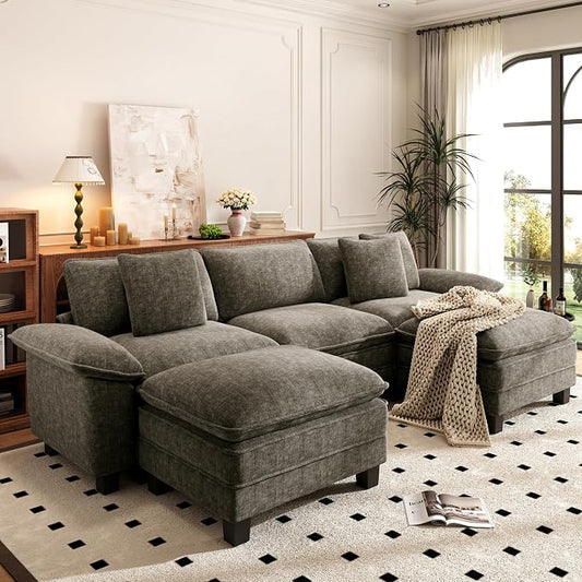 PHI VILLA Cloud Modular Couch Sets, 123.6" Oversized Sectional Sofa with U-Shaped Chaise, 5-Seater Couches with 2 Movable Ottomans for Living Room, Chenille Smoky Grey