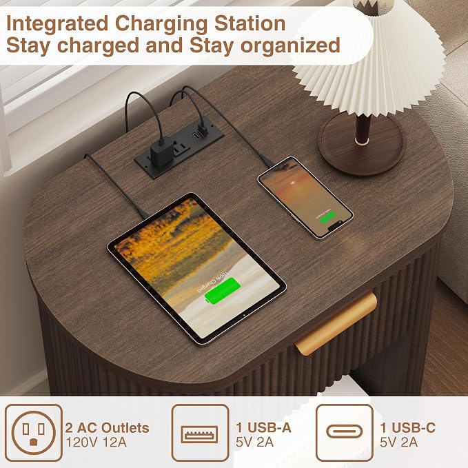 Fluted Nightstand with Charging Station, 23.6" Large Bedside Side Table with Drawer, Wood End Table with Storage, Curved Round Corner, Furniture Bedroom Sofa, Mid Century Modern, Vintage, Walnut