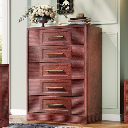 RECHHX Farmhouse 5 Drawers Dresser for Bedroom, 44" Tall Modern Chest of Drawers, Wooden Thermoformed Curved Dresser Organizer for Bedroom, Living Room, Walnut Cherry