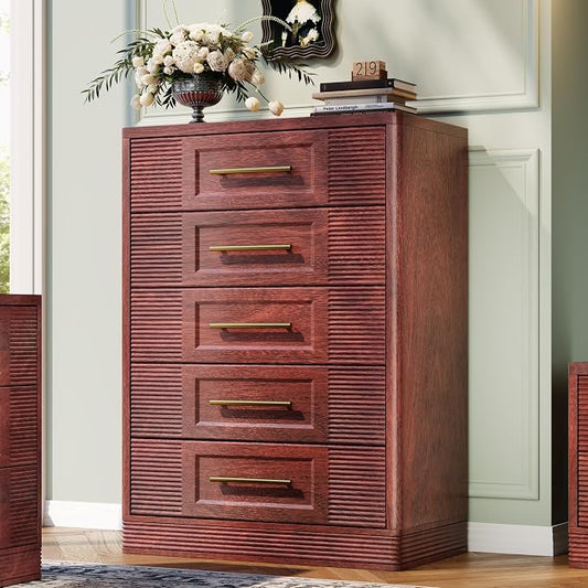 RECHHX Farmhouse 5 Drawers Dresser for Bedroom, 44" Tall Modern Chest of Drawers, Wooden Thermoformed Curved Dresser Organizer for Bedroom, Living Room, Walnut Cherry