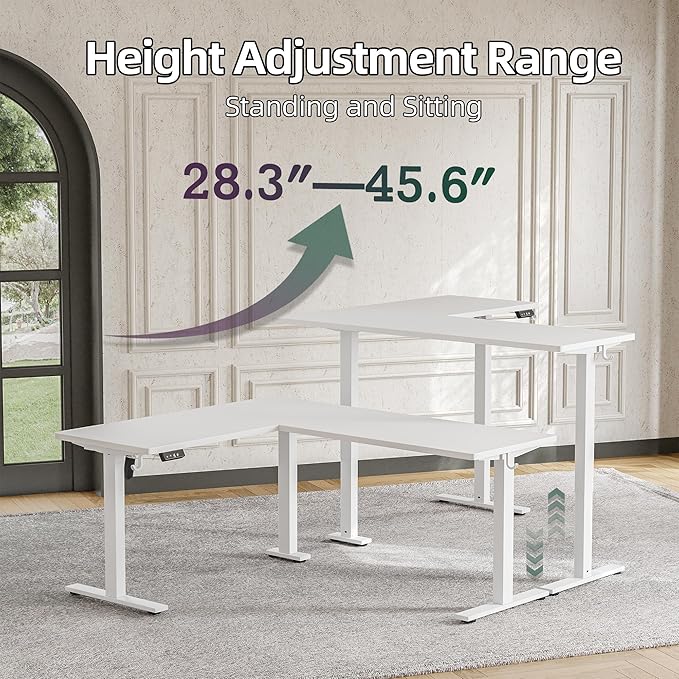 TIQLAB L Shaped Standing Desk Adjustable Height, Electric Corner Standing Desk, 63 x 55 inch Sit Stand Computer Table with Splice Board, White