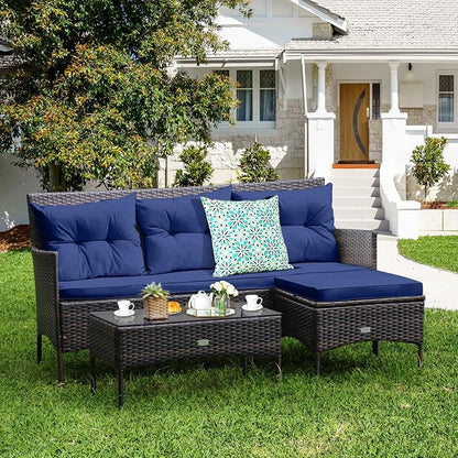 Tangkula 3 Pieces Patio Conversation Set, All Weather Outdoor PE Rattan Wicker Furniture Set with Padded Cushions, Tempered Glass Coffee Table, for Poolside, Backyard, Garden (Navy)