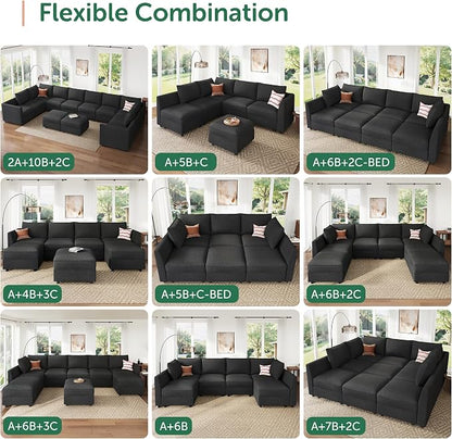 HONBAY Modular Sectional Sofa Sleeper Couch with Storage Modular Couch Convertible Couches for Living Room - Linen Grey