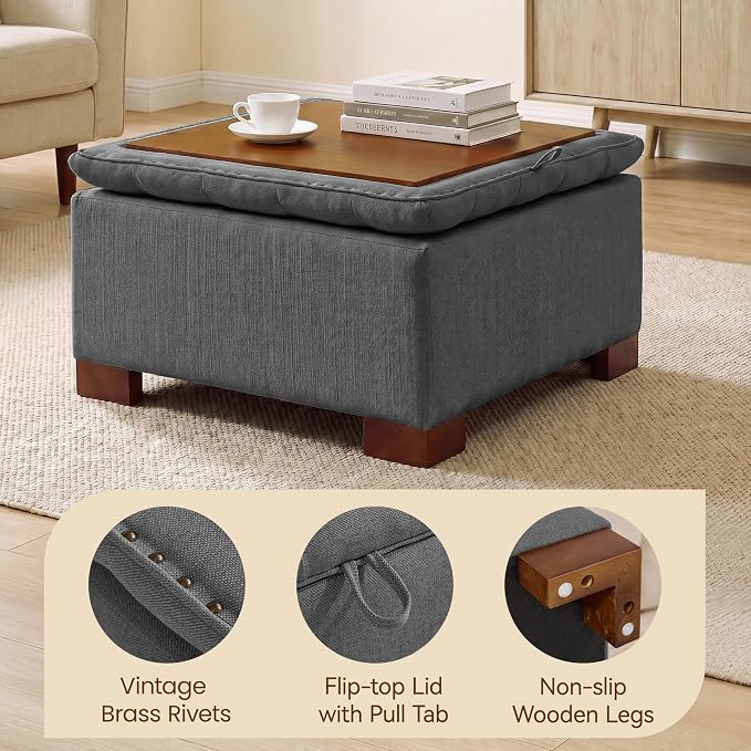 30 Inch Square Storage Ottoman Coffee Table, Modern Tufted Upholstered Ottoman with Flip Tray and Solid Wood Legs, Suitable for Living Rooms, Linen Grey