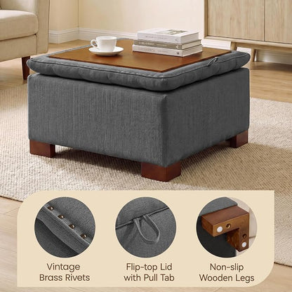30 Inch Square Storage Ottoman Coffee Table, Modern Tufted Upholstered Ottoman with Flip Tray and Solid Wood Legs, Suitable for Living Rooms, Linen Grey