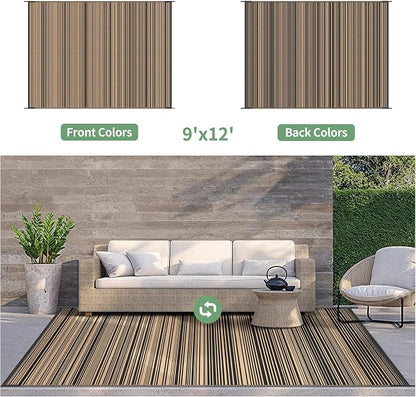 GENIMO Outdoor Rug for Patio Clearance, 9'x12' Reversible Plastic Straw Rugs, Lightweight Waterproof RV Camping Mat for Camper, Balcony, Deck, Backyard, Picnic, BlackBrown