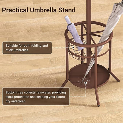 ELYKEN Coat Rack Freestanding, Metal Coat Rack with Umbrella Holder | 12 Hooks, Round Base, Heavy Duty Floor Standing Coat Tree for Entryway, Hallway, Living Room, Bedroom, Office, Brown
