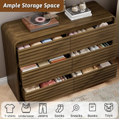 Dresser and Nightstand Sets for Bedroom, 3 Pcs Bedroom Set, Fluted 6 Drawer Dresser with Curved Profile and Night Stand Set of 2 with Charging Station, Wood Chest of Drawers, Walnut