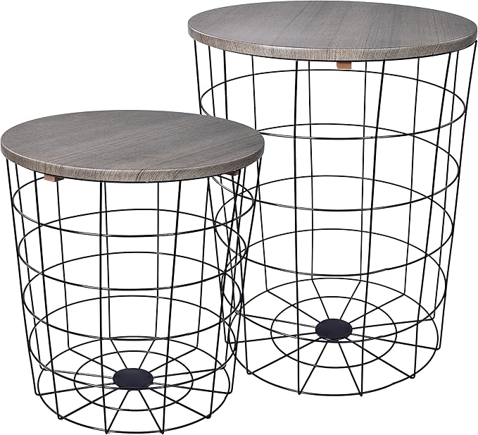 Elevon Nesting Table End Table Wire Basket Base with Wood Tops Side Table Set of 2, Gray