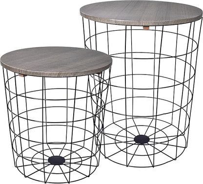 Elevon Nesting Table End Table Wire Basket Base with Wood Tops Side Table Set of 2, Gray
