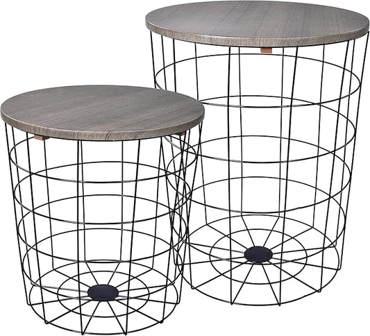 Elevon Nesting Table End Table Wire Basket Base with Wood Tops Side Table Set of 2, Gray